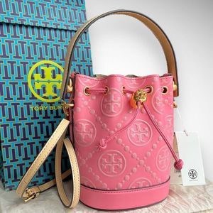 AUTH NWT Tory Burch T Monogram Contrast Embossed MINI Bucket Bag in Rose Pink